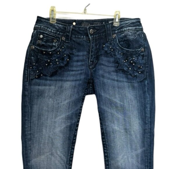 Miss Me Vintage Y2K Signature Cuffed Capri Jeans Embroidery Studs Zip Stretch 28 - Picture 5 of 16